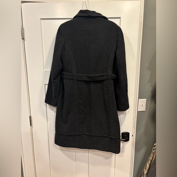 Calvin Klein Wool Blend Pea Trench Coat Size 14 Belted Pockets Lined Black - Picture 2 of 5